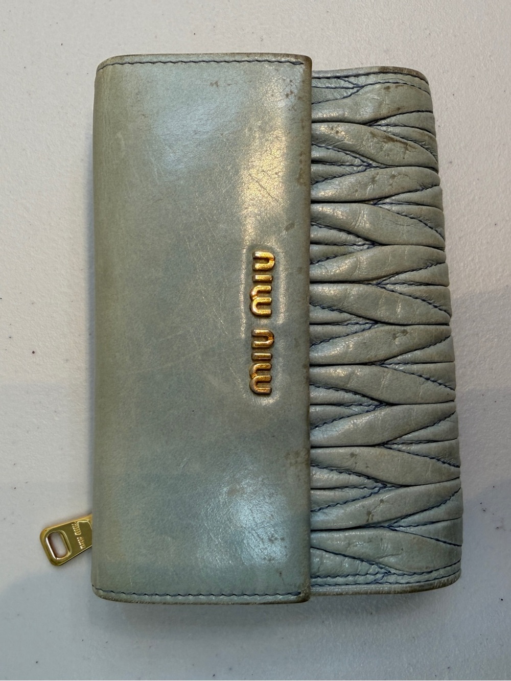 Miu Miu Pale Blue Quilted Leather Fold Wallet with Gold Logo